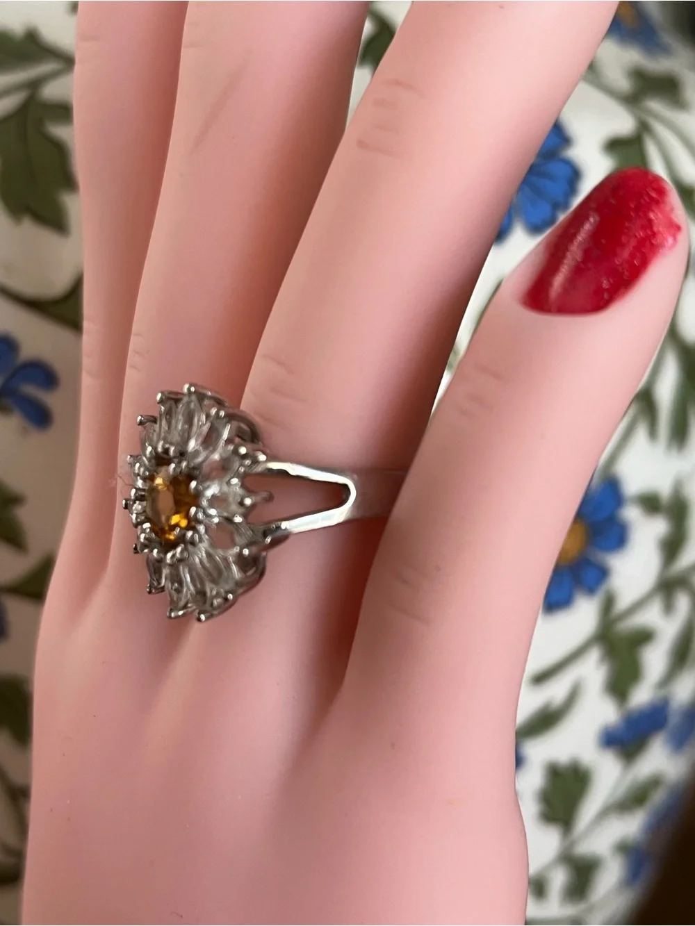 Elegant Flower Halo Ring with Citrine Center - Zircon Crystal Accent Size 8
